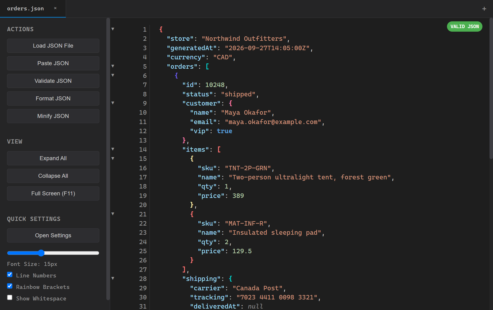 JSONinja in its dark theme showing an orders file with line numbers, fold arrows and rainbow brackets.